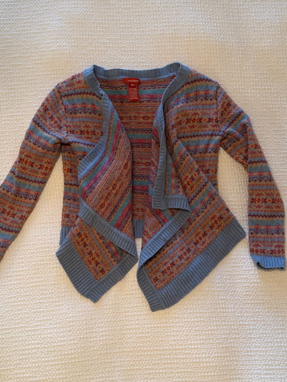 Sundance | Fair Isle Open Face Cardigan | Multicolor Blue Trim | Petite XS